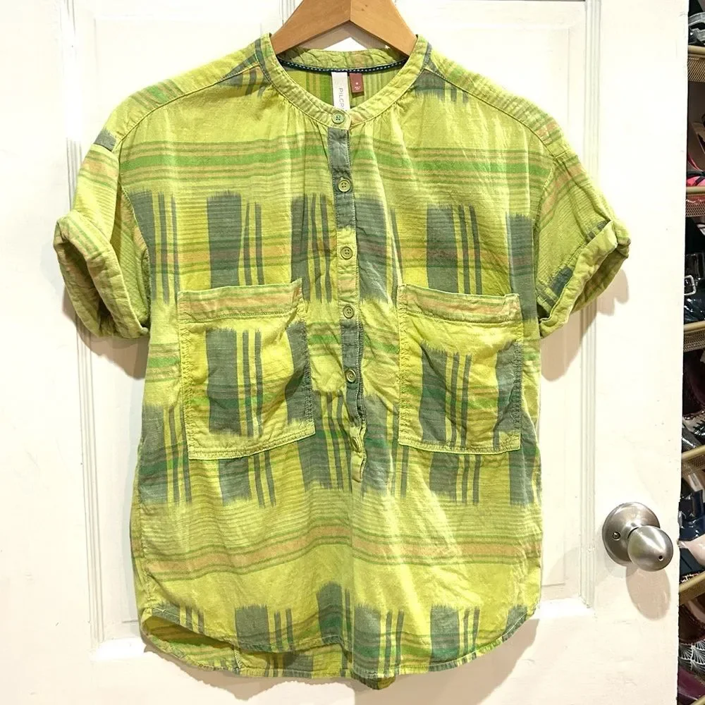 Anthropologie Pilcro The Hannah Green Plaid Surf Shirt Beach Boho Size M
